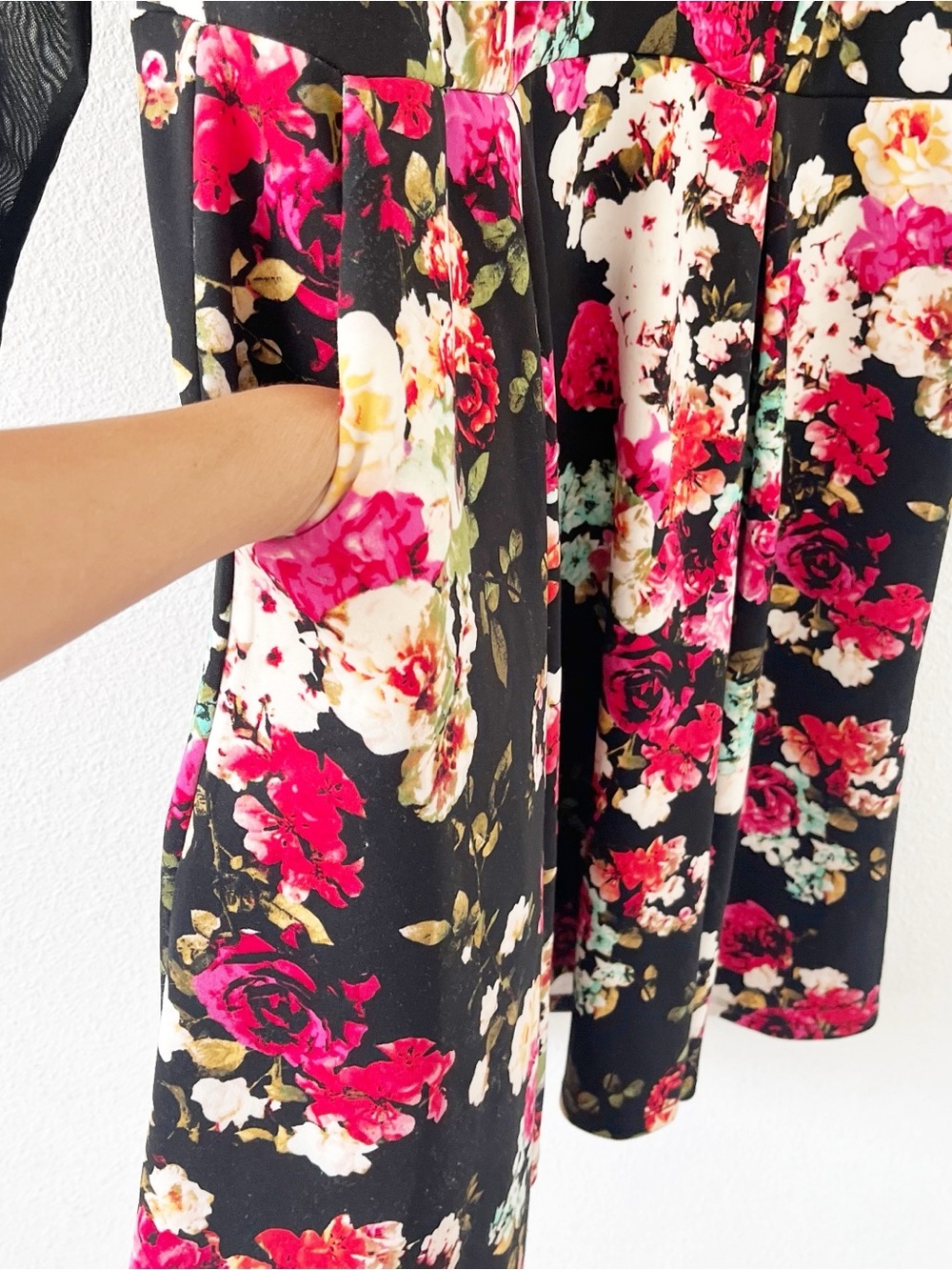 Torrid Floral Fit & Flare Floral Black Mesh Sleeve Pockets Scuba Mini Dress - Picture 6 of 11